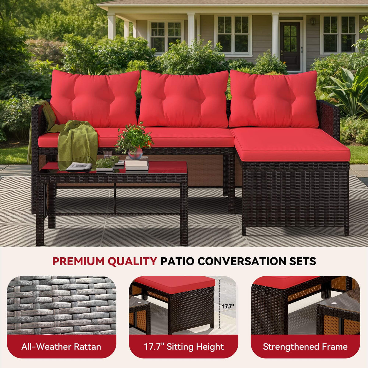 EROMMY 3 Piece Outdoor Patio Furniture Set, All-Weather PE Rattan Sofa Set with Glass Table & Cushions, Red