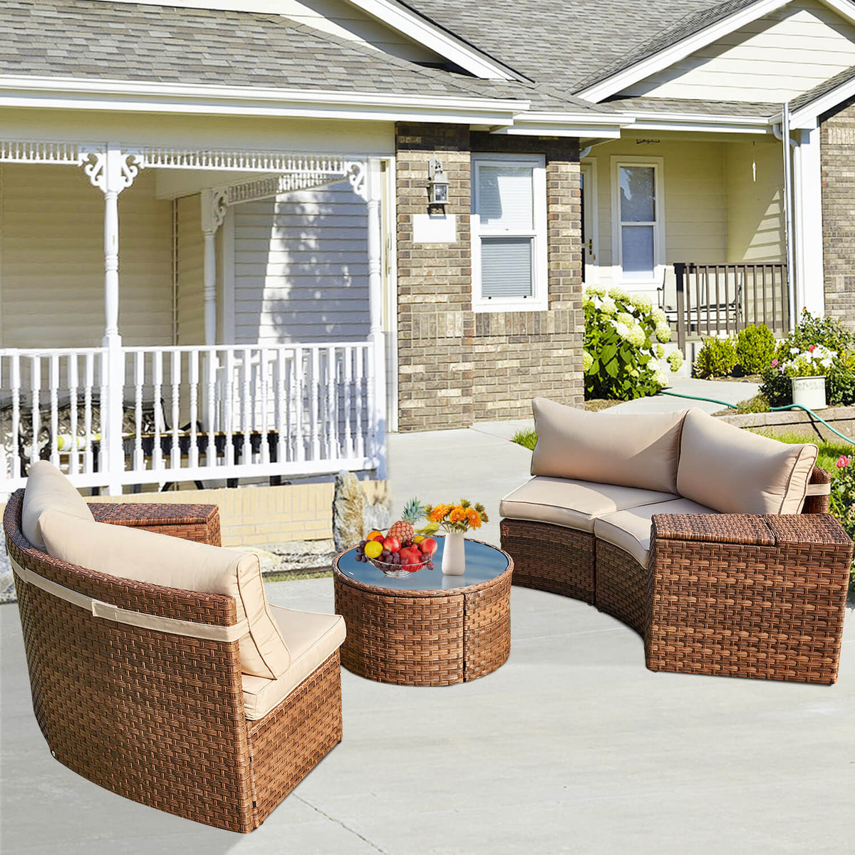 EROMMY Outdoor Patio Furniture Set, 7-Piece Half-Moon Wicker Patio Sofa Set with Storage Table, Brown & Beige