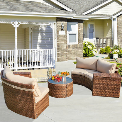 EROMMY Outdoor Patio Furniture Set, 7-Piece Half-Moon Wicker Patio Sofa Set with Storage Table, Brown & Beige