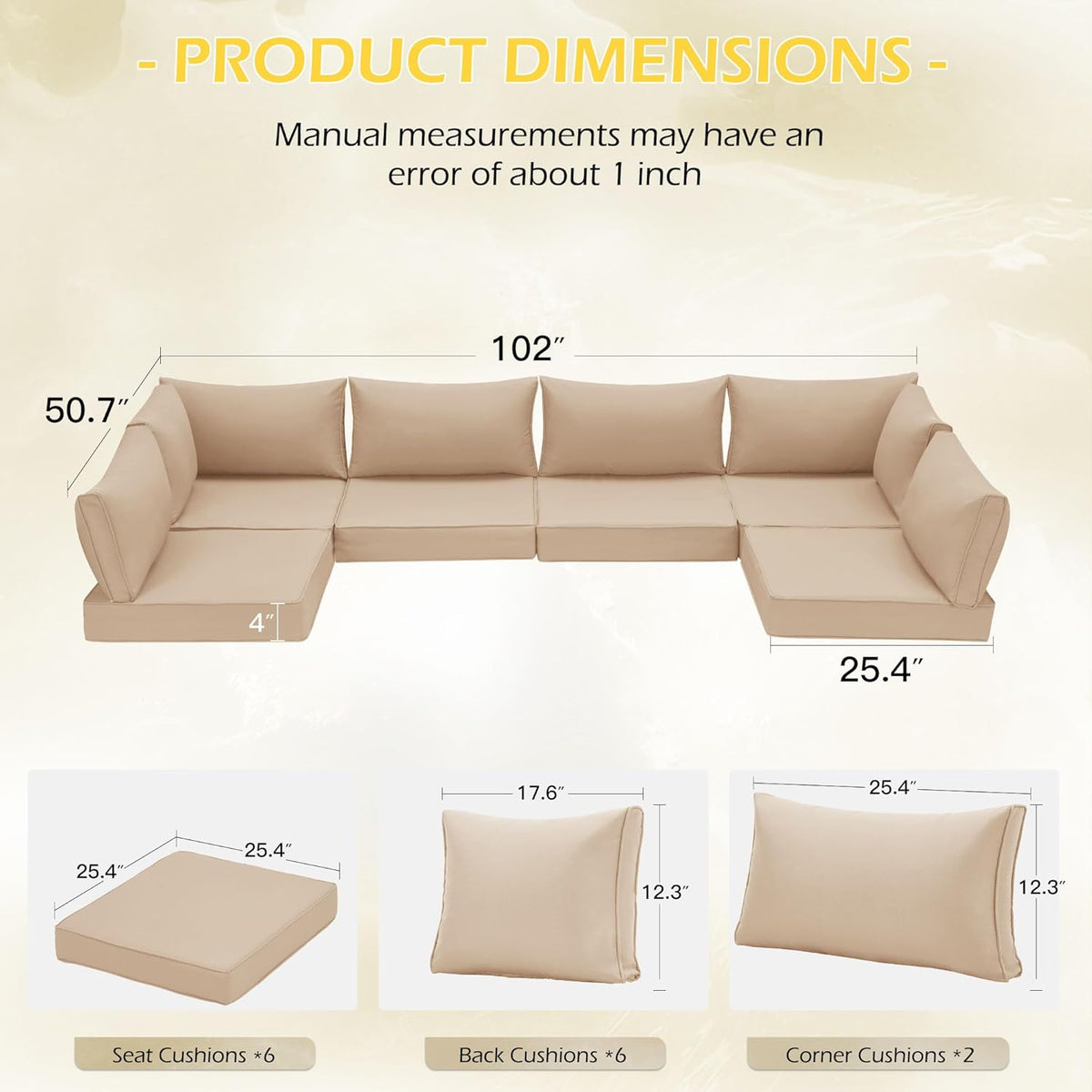 EROMMY Outdoor Replacement Cushions for  6-Seat Patio Conversation Sets, Khaki