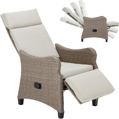 EROMMY Outdoor Wicker Recliner Chair with Footrest, Patio Rattan Armchair, Light Gray