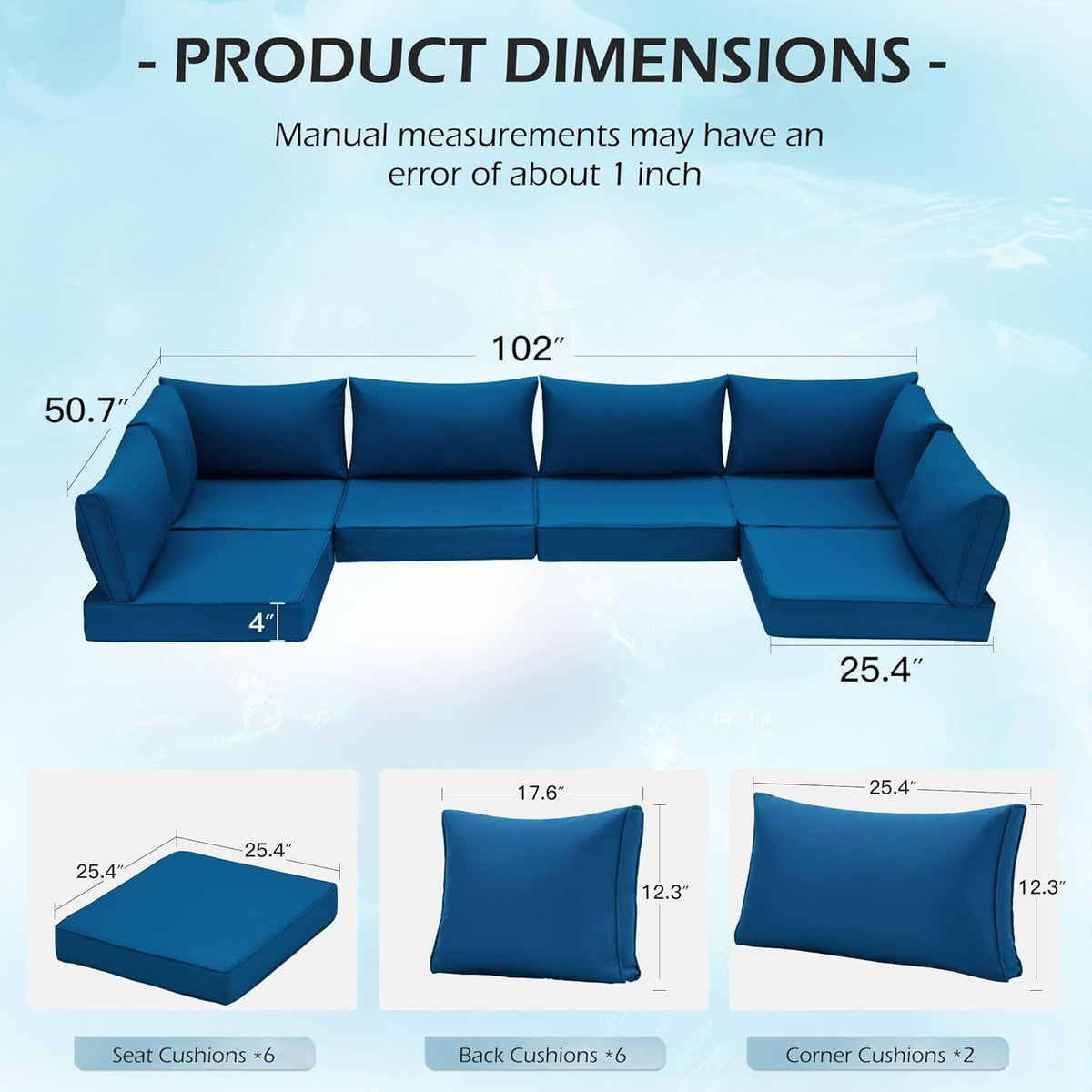 EROMMY Patio Replacement Cushions for  6-Seat Patio Conversation Sets, Blue
