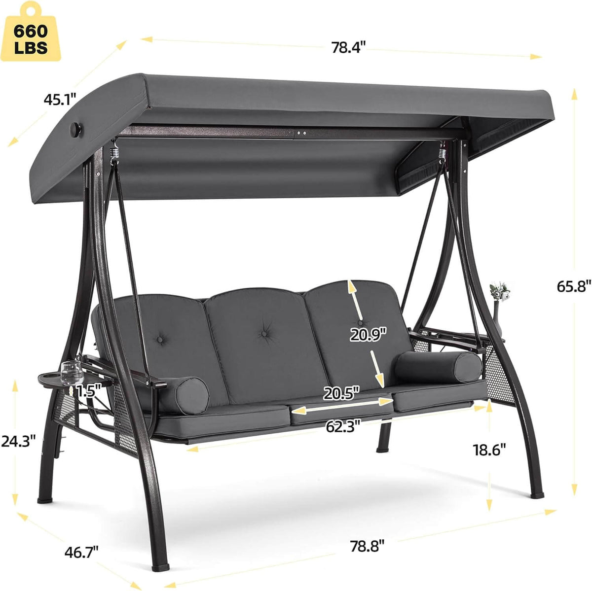 EROMMY 3-Seat Outdoor Porch Swing with Adjustable Canopy and Backrest, Gray