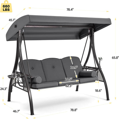 EROMMY 3-Seat Outdoor Porch Swing with Adjustable Canopy and Backrest, Gray