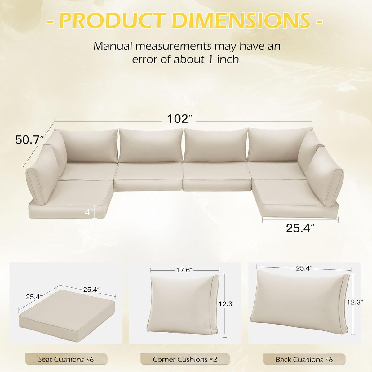 EROMMY Outdoor Replacement Cushions for  6-Seat Patio Conversation Sets, Beige