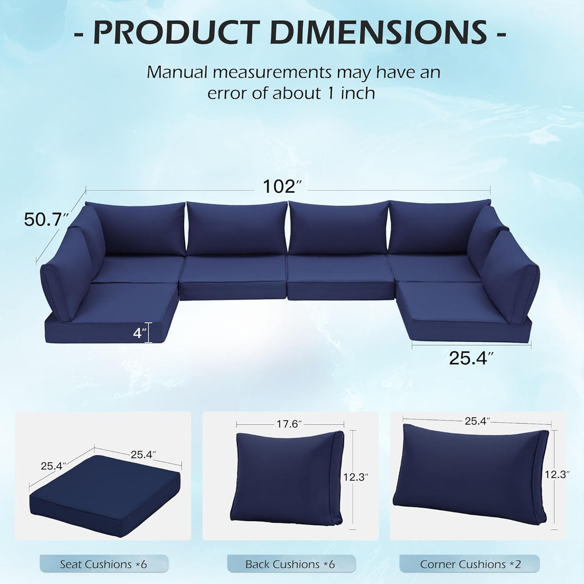 EROMMY Outdoor Replacement Cushions for  6-Seat Patio Conversation Sets, Dark Blue