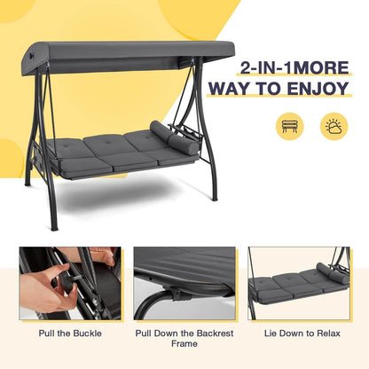 EROMMY 3-Seat Outdoor Porch Swing with Adjustable Canopy and Backrest, Gray