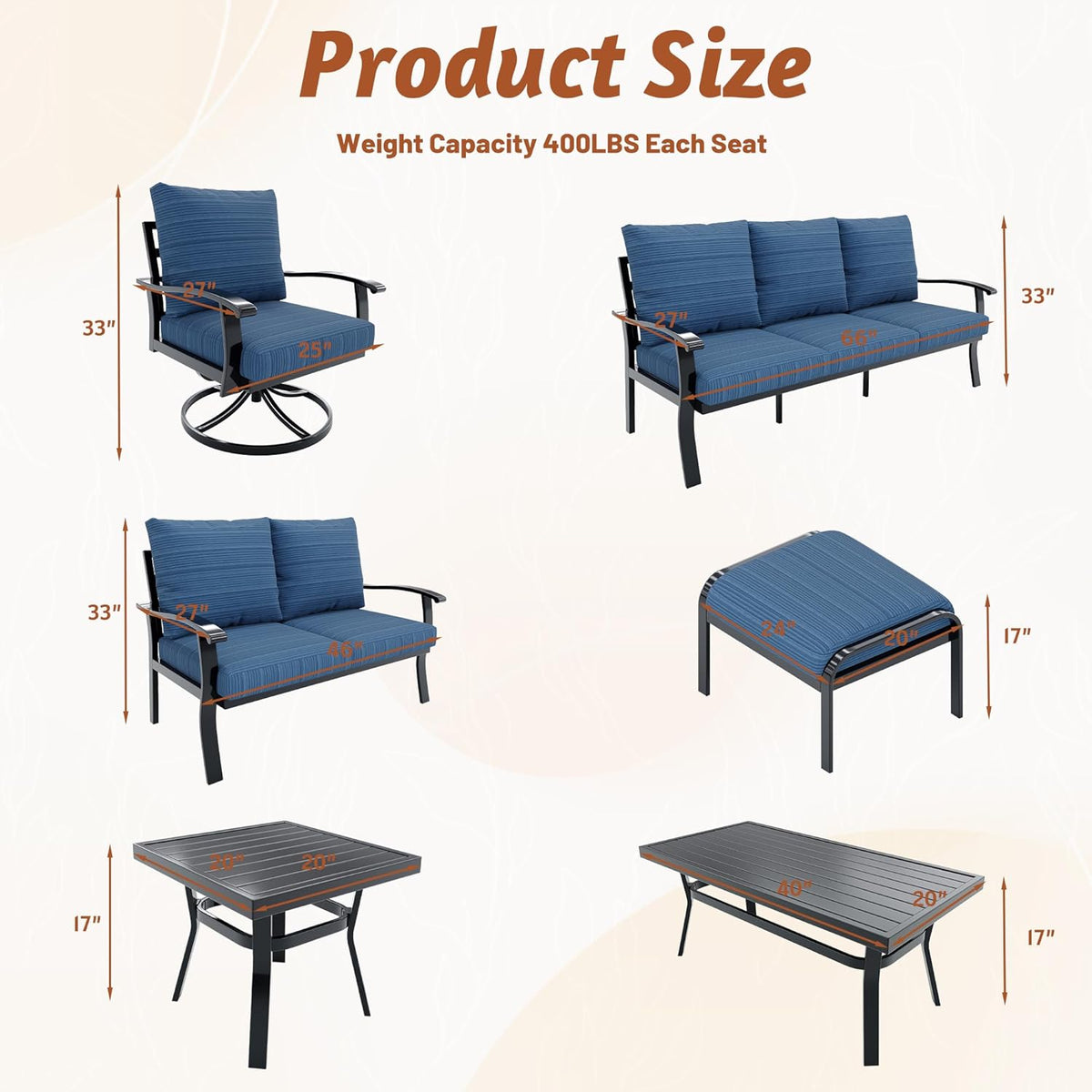 EROMMY Patio Furniture Sets 6 PCS Outdoor Metal Conversation Sets with Ottomans for Garden, Deck and Poolside, Blue