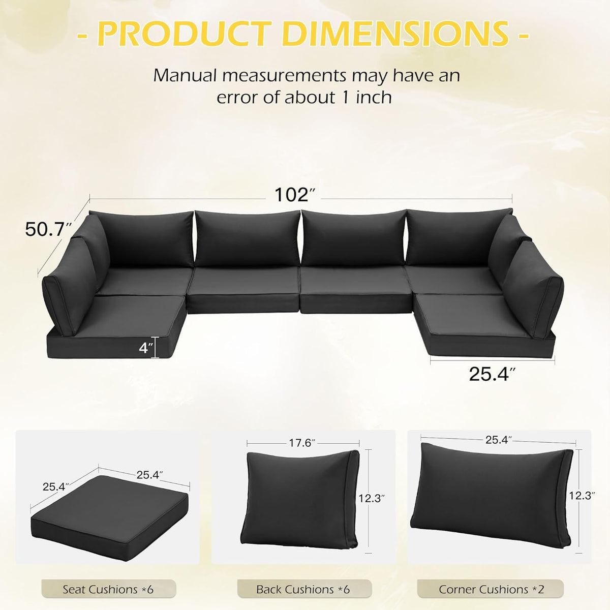 EROMMY Outdoor Replacement Cushions for  6-Seat Patio Conversation Sets, Black