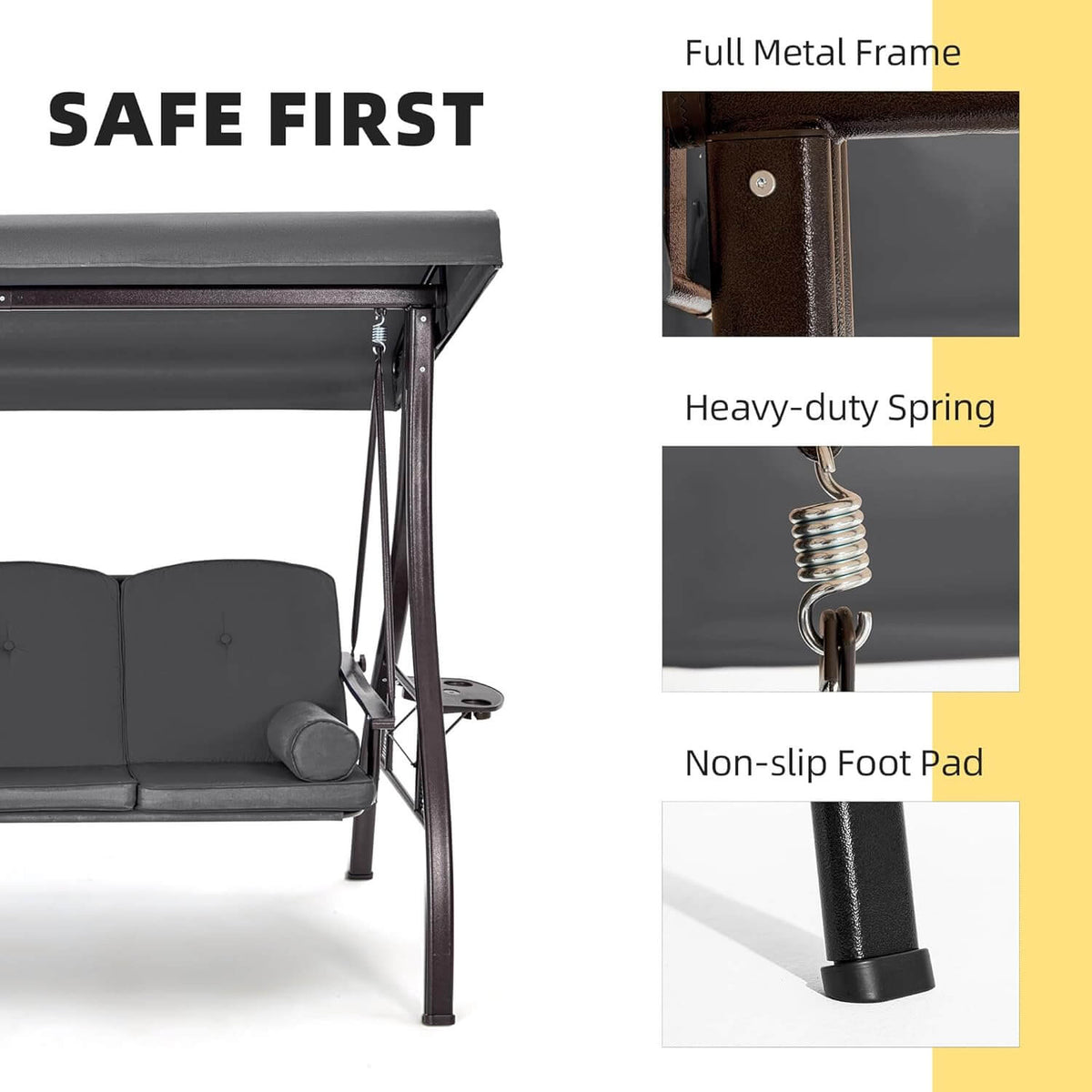 EROMMY 3-Seat Outdoor Porch Swing with Adjustable Canopy and Backrest, Gray