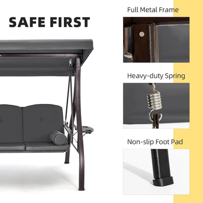 EROMMY 3-Seat Outdoor Porch Swing with Adjustable Canopy and Backrest, Gray