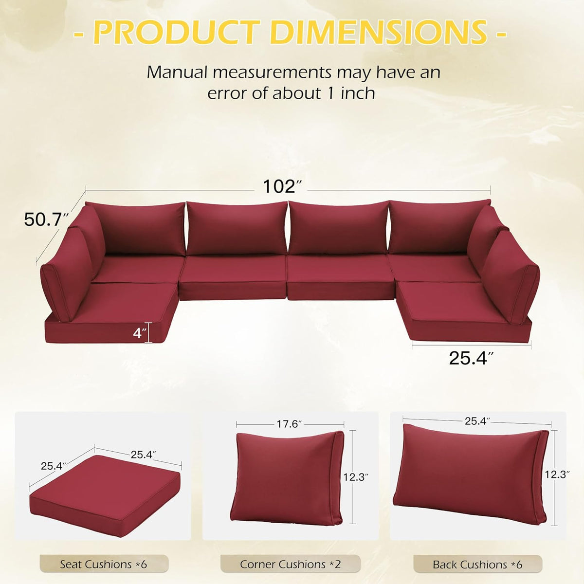 EROMMY Outdoor Replacement Cushions for  6-Seat Patio Conversation Set, Wine Red