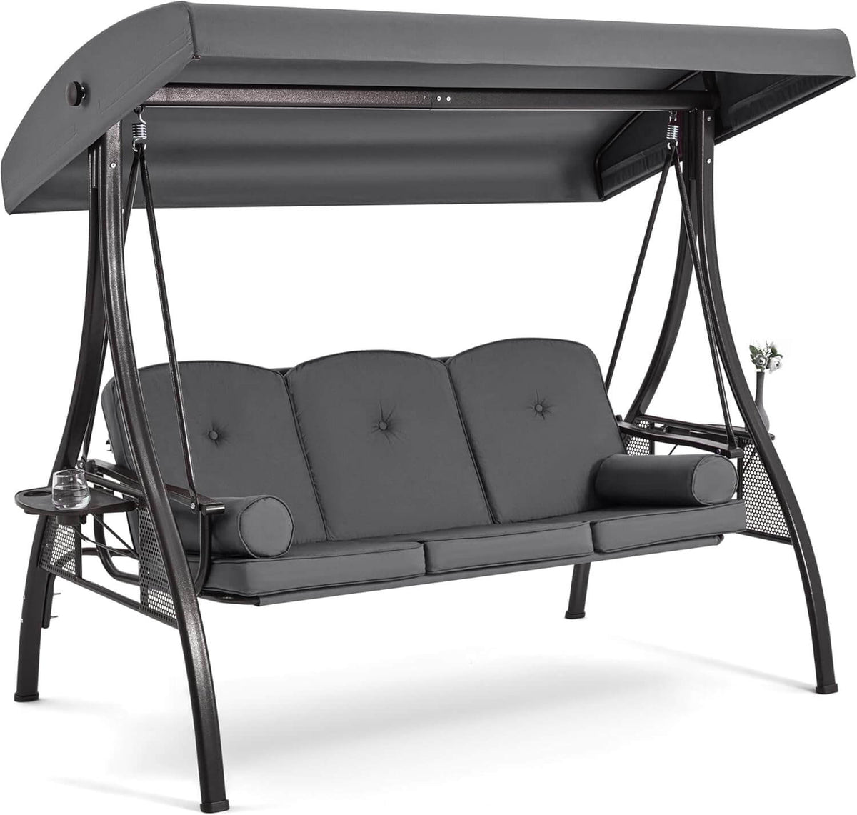EROMMY 3-Seat Outdoor Porch Swing with Adjustable Canopy and Backrest, Gray