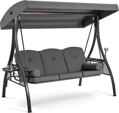 EROMMY 3-Seat Outdoor Porch Swing with Adjustable Canopy and Backrest, Gray