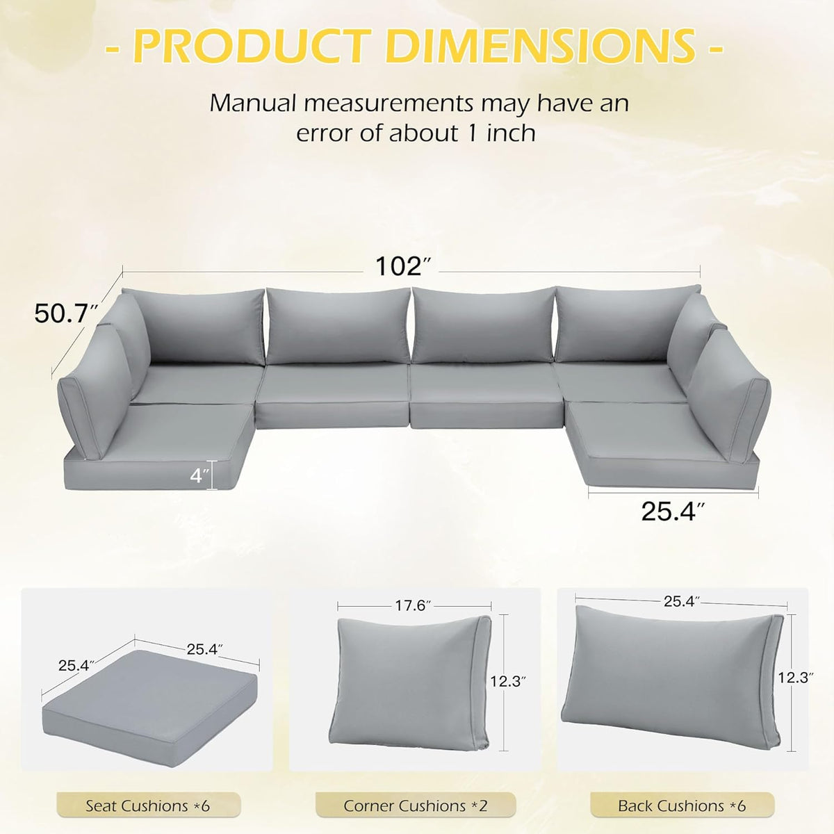 EROMMY Outdoor Replacement Cushions for  6-Seat Patio Conversation Sets, Light Gray