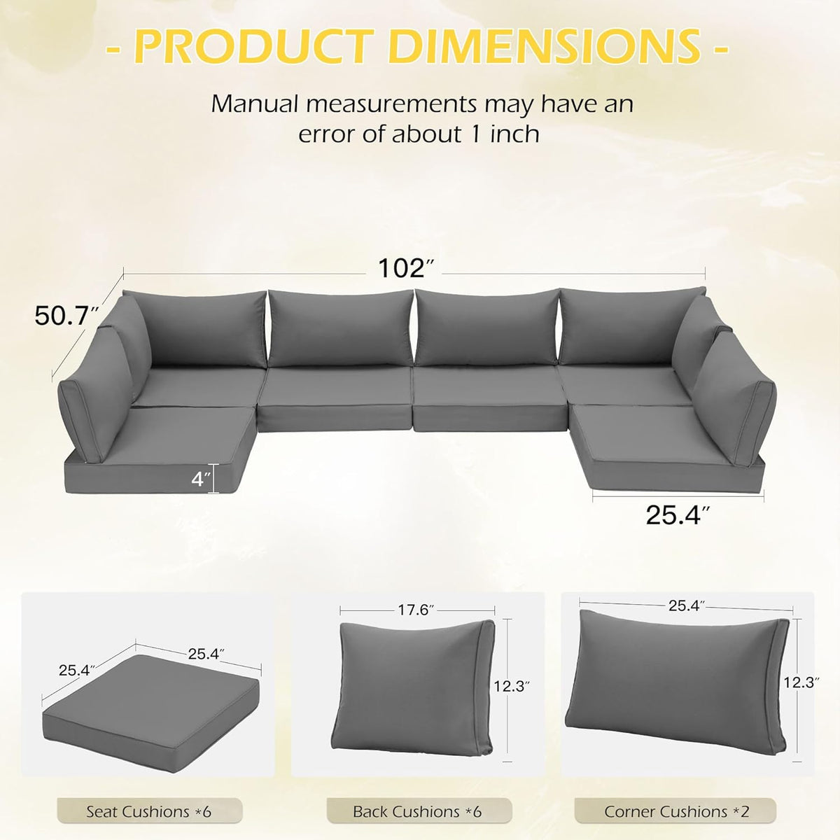 EROMMY Outdoor Replacement Cushions for  6-Seat Patio Furniture Sets, Gray