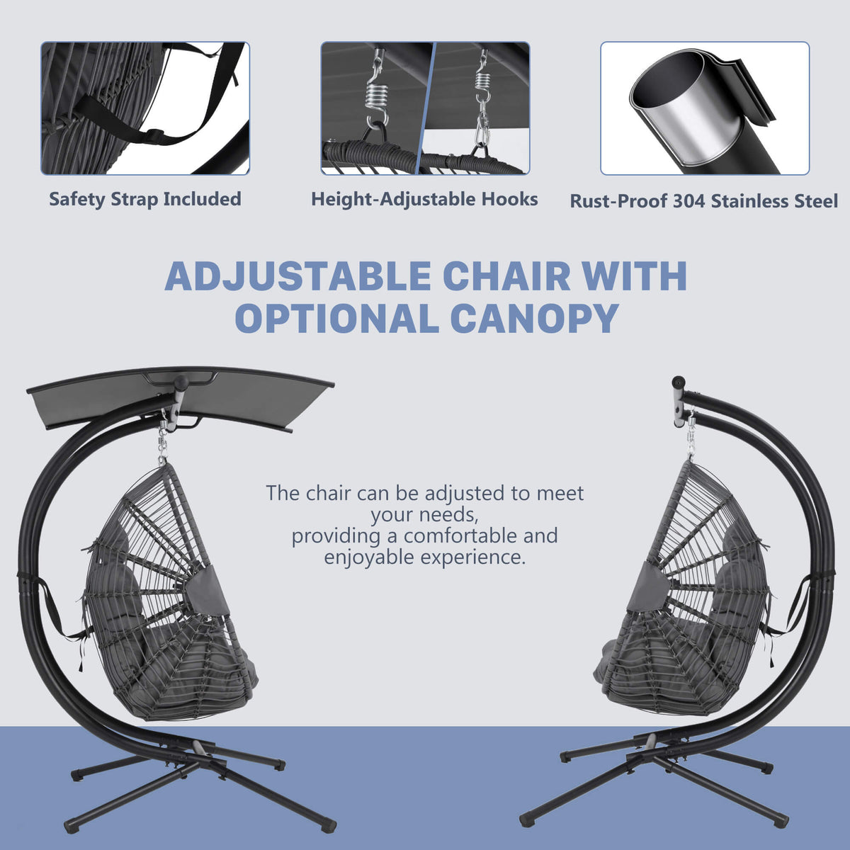 EROMMY Double Hanging Egg Chair with Stand and Extra Cushion, Gray