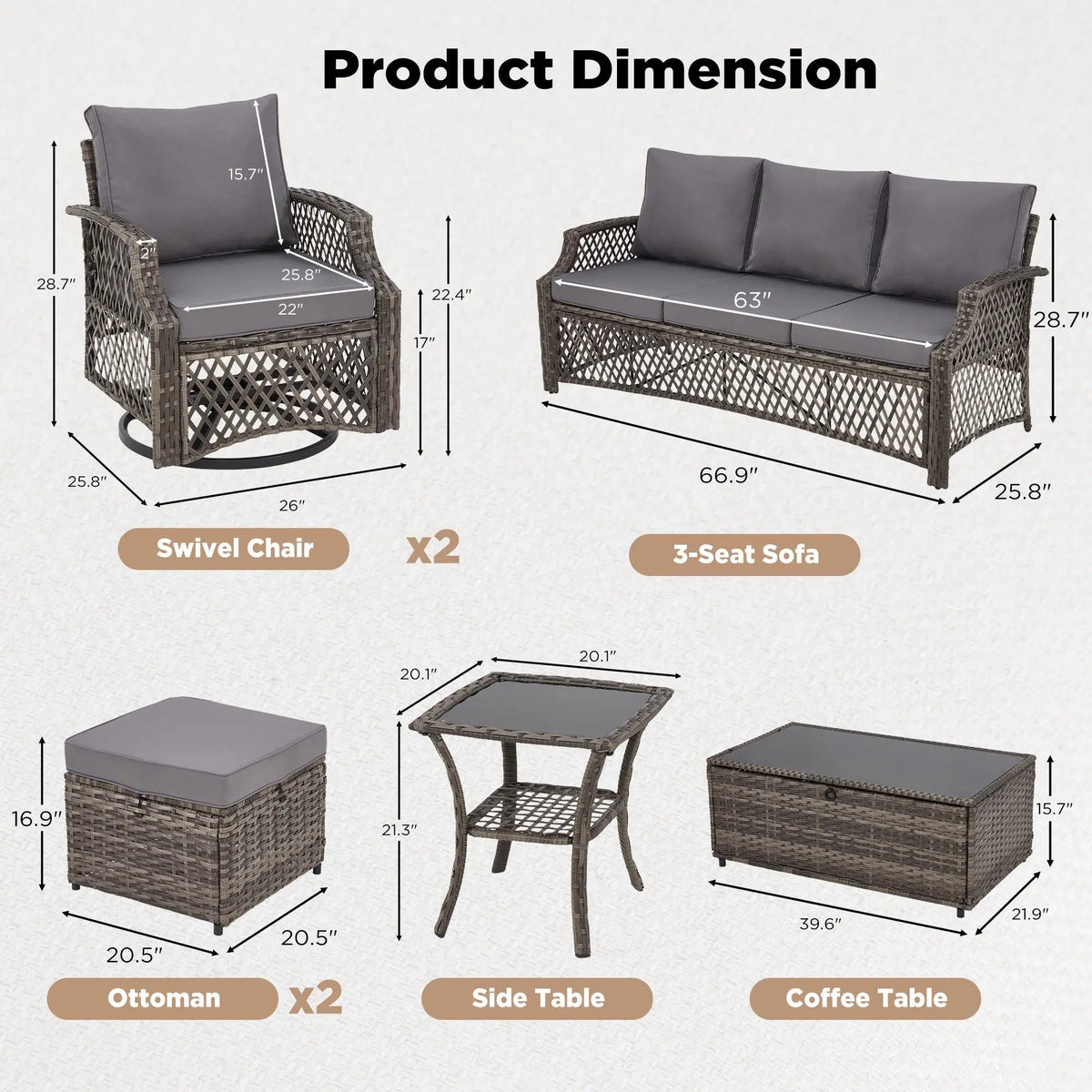 EROMMY Outdoor Wicker Sofa, 3-Seat Patio Couch with Cushions, All-Weather PE Rattan Furniture, Gray