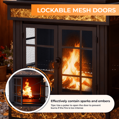 EROMMY 57" Outdoor Fireplace, Tile Finish Wood Burning Steel Fire Pit with Removable Ash Pan & Grate, Chimney, Fire Poker, Rain Cover