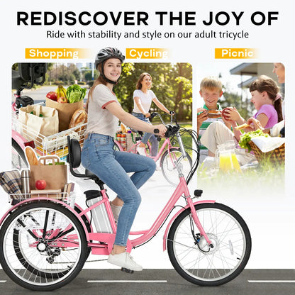 EROMMY Electric Trike for Adults,Peak 500W Brushless Motor, E-Trike with 24" x 2" Tires, Removable Battery, Charger,Step-Thru 3-Wheel Electric Bicycle, Up to 55 Miles Range, 15.5MPH+ Speed, Pink