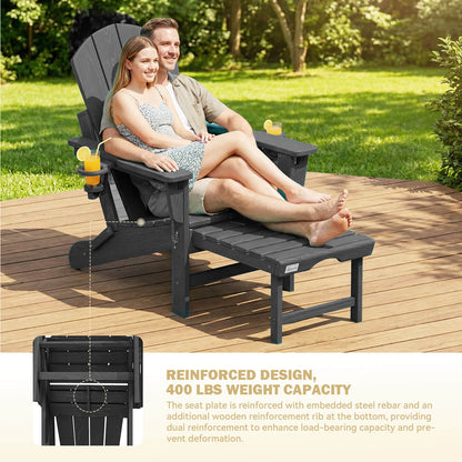 EROMMY 3-Level  Adjustable Adirondack Chair with Retractable Ottoman, Folding HDPE Outdoor Chair with Cup Holders, Black