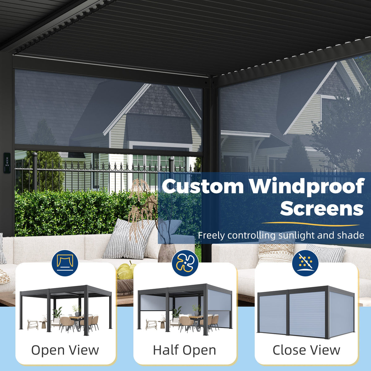 EROMMY 12' x 16' Outdoor Pergola with LED Lights, Aluminum Gazebo with Motorized Louvers & Side Screens for Patio, Backyard & Poolside, Black (Ship Before November)