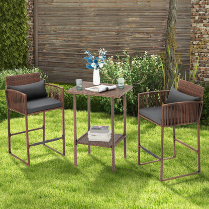 EROMMY 3-Piece Patio Wicker Bar Set, Rattan Bar Table & Stools with Cushion Covers (Blue/Gray)