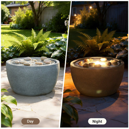 EROMMY 10.6"Tall Outdoor Water Fountain - Resin Garden Water Feature with LED Lights Effect, Gray
