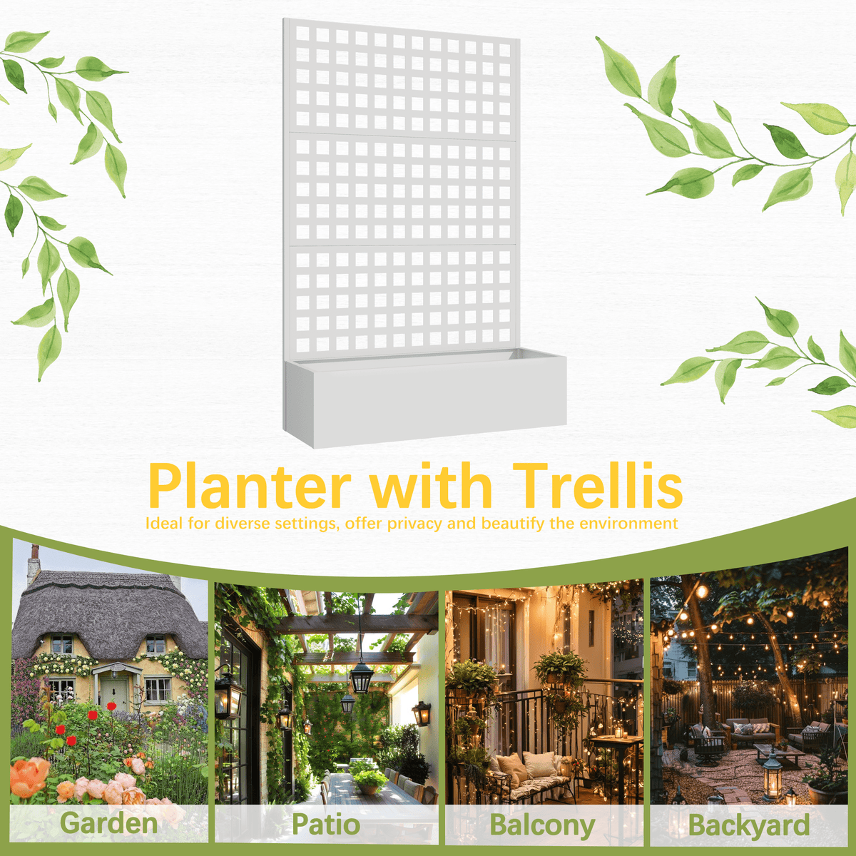 EROMMY Metal Planter Box with Trellis, 71"x 47"x 16" Raised Garden Bed with Trellis, Planter Box Trellis with Privacy Screen and Drainage Holes, White