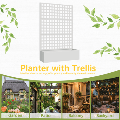 EROMMY Metal Planter Box with Trellis, 71"x 47"x 16" Raised Garden Bed with Trellis, Planter Box Trellis with Privacy Screen and Drainage Holes, White