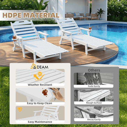 EROMMY 22" W Oversized Chaise Lounge Chairs, Adjustable HDPE Outdoor Chairs with Wheels & Cup Holder, White