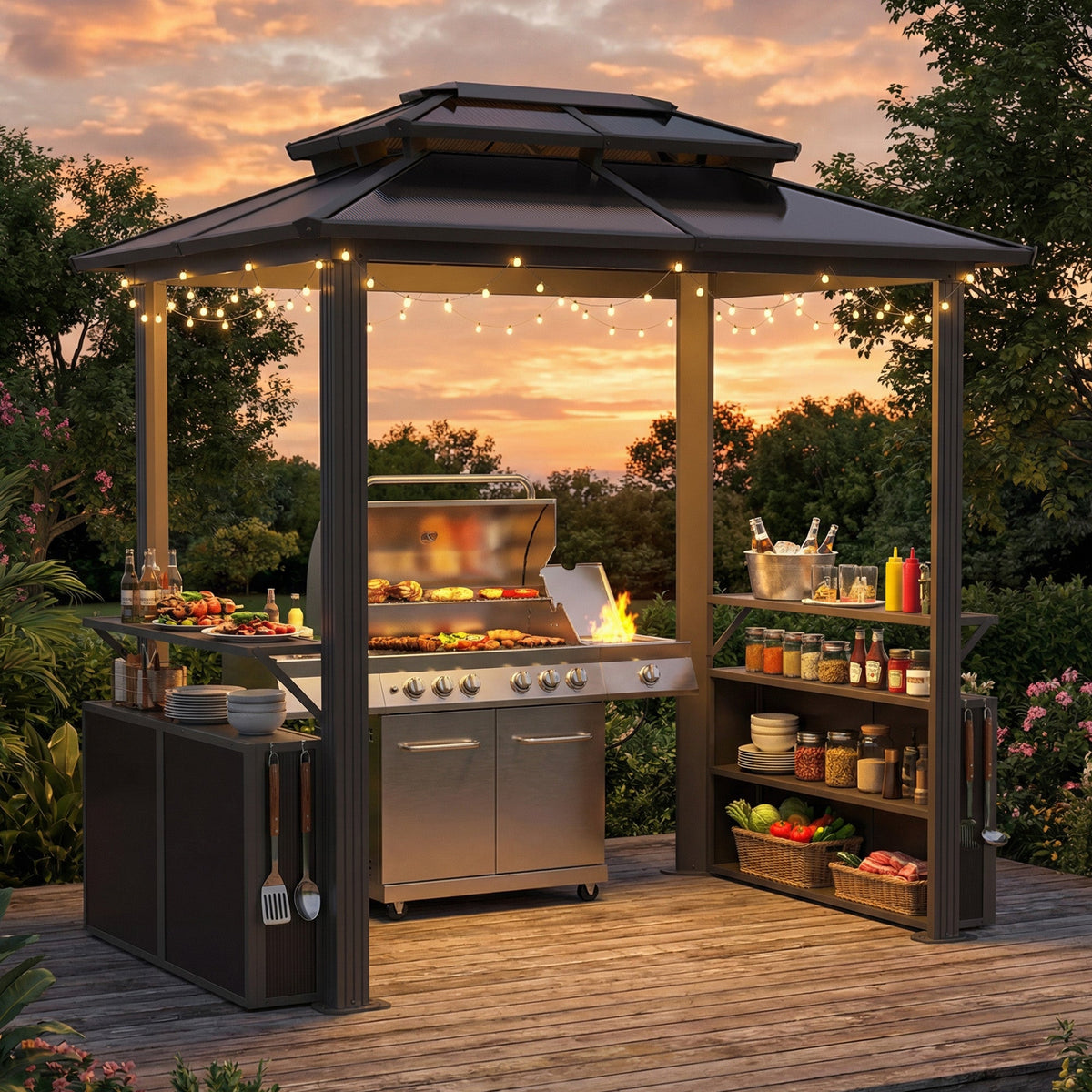EROMMY 8x6 Polycarbonate Grill Shelter with Two Side Bars