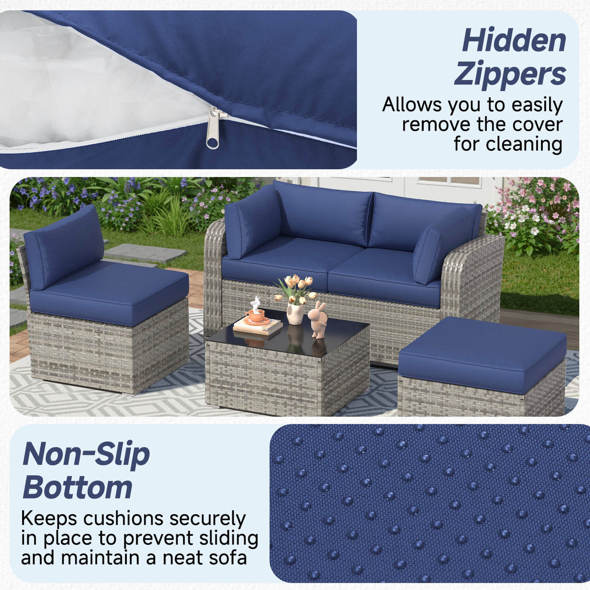 EROMMY 9-Piece Outdoor Sectional Cushions for 4-Seat Sofa, Waterproof Deep Seat w/ Non-Slip & Machine Washable Covers, Navy Blue