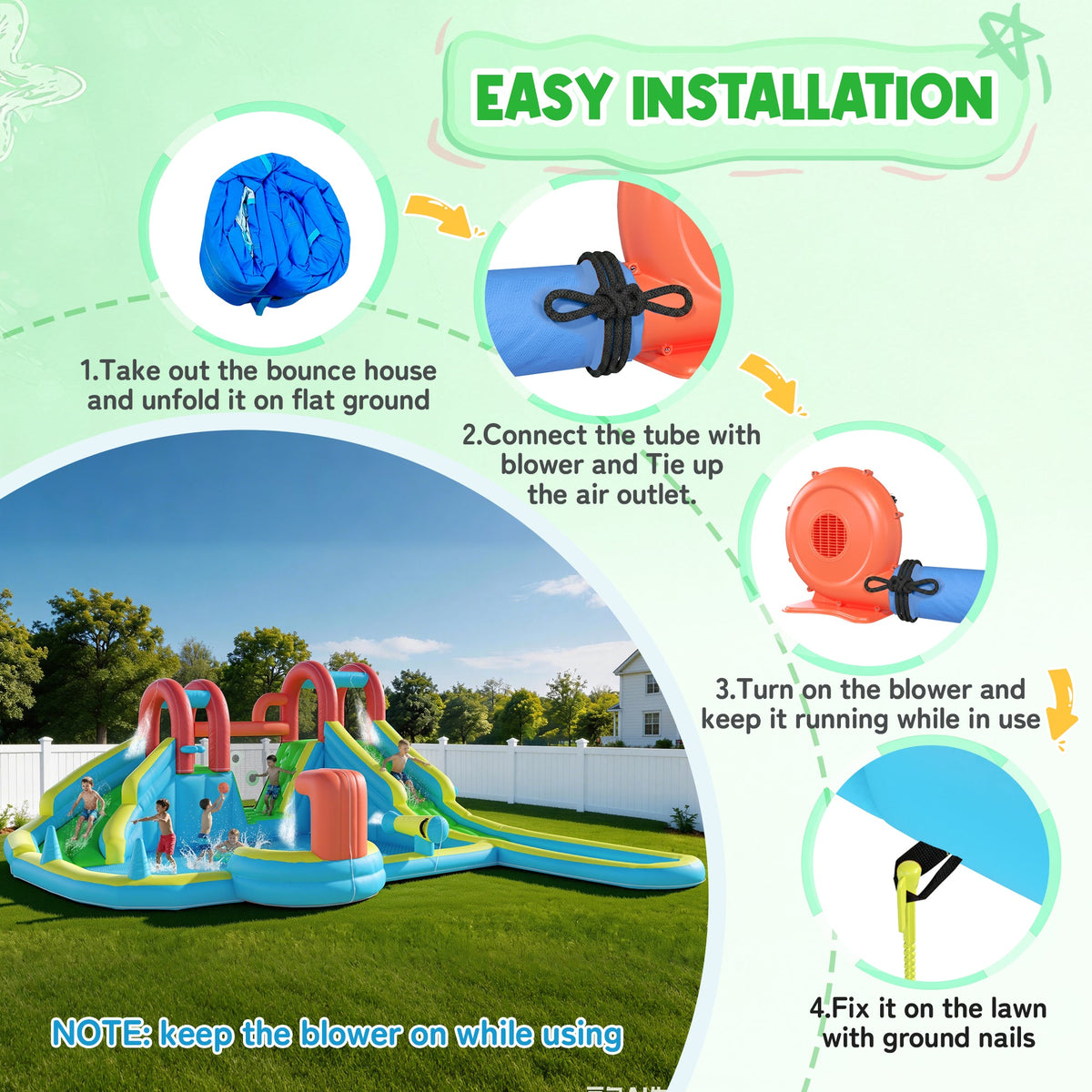 EROMMY Inflatable Water Slide,10 in 1 Double Water Slide Bounce House for Kids 3-12 with Blower, Splash Pool, Water Cannon, Climbing Wall, Basketball Hoop for Kids Indoor Outdoor Backyard