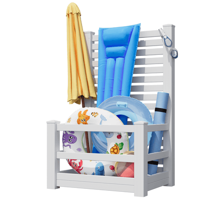 EROMMY 71" H Privacy Screen Pool Storage Organizer, Freestanding Pool Float Holder Replaces Deck Box, White