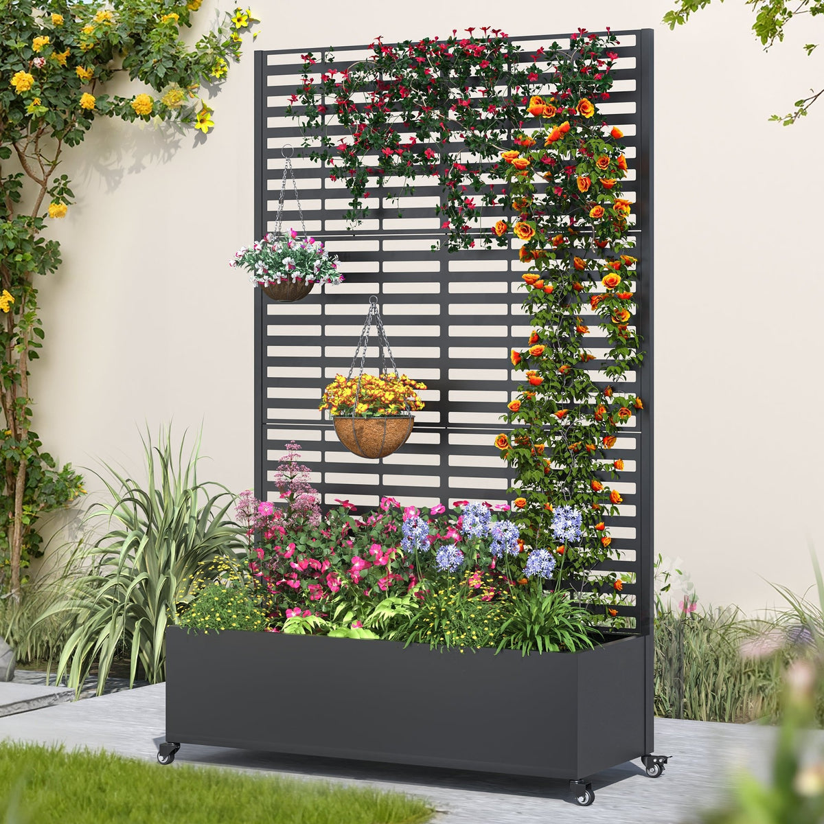 EROMMY Metal Planter Box with Trellis, 73"x 47"x 16" Raised Garden Bed with Wheels and Drainage Holes, Planter with Trellis for Garden, Balcony and Patio, Black