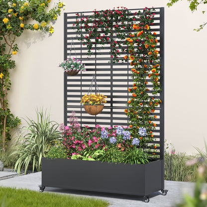 EROMMY Metal Planter Box with Trellis, 73"x 47"x 16" Raised Garden Bed with Wheels and Drainage Holes, Planter with Trellis for Garden, Balcony and Patio, Black