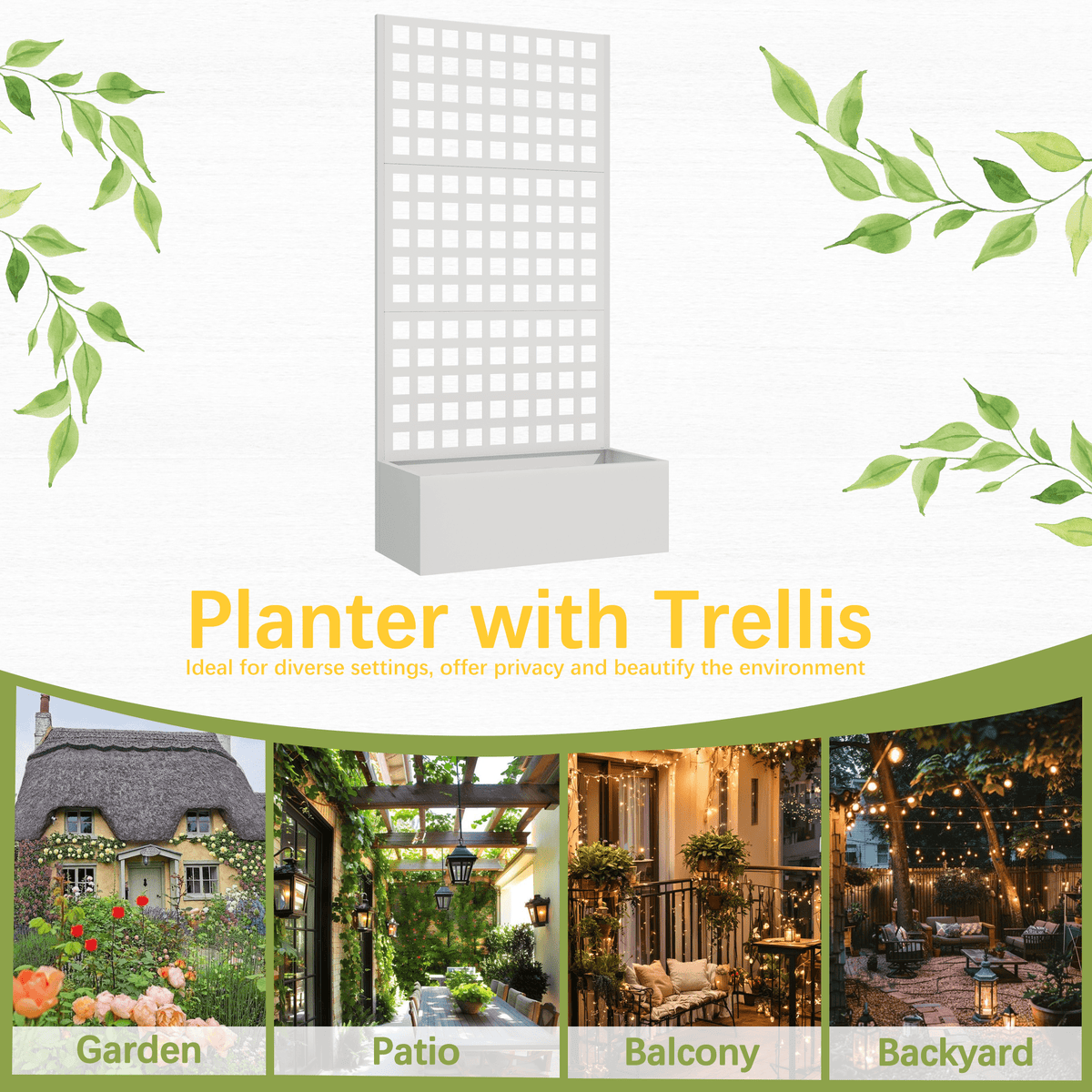 EROMMY Metal Planter Box with Trellis, 71"x 35"x 16" Raised Garden Bed with Trellis, Planter Box Trellis with Privacy Screen and Drainage Holes, White