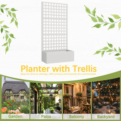 EROMMY Metal Planter Box with Trellis, 71"x 35"x 16" Raised Garden Bed with Trellis, Planter Box Trellis with Privacy Screen and Drainage Holes, White