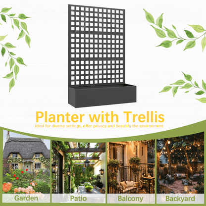 EROMMY Metal Planter Box with Trellis, 71"x 47"x 16" Raised Garden Bed, Planter Box Trellis with Privacy Screen and Drainage Holes, Black