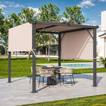 EROMMY Outdoor Pergola 10x10 Ft, Metal Freestanding Shelter with Adjustable Side Sun Shades, Canopy for Patios Backyard Garden Deck (Beige)
