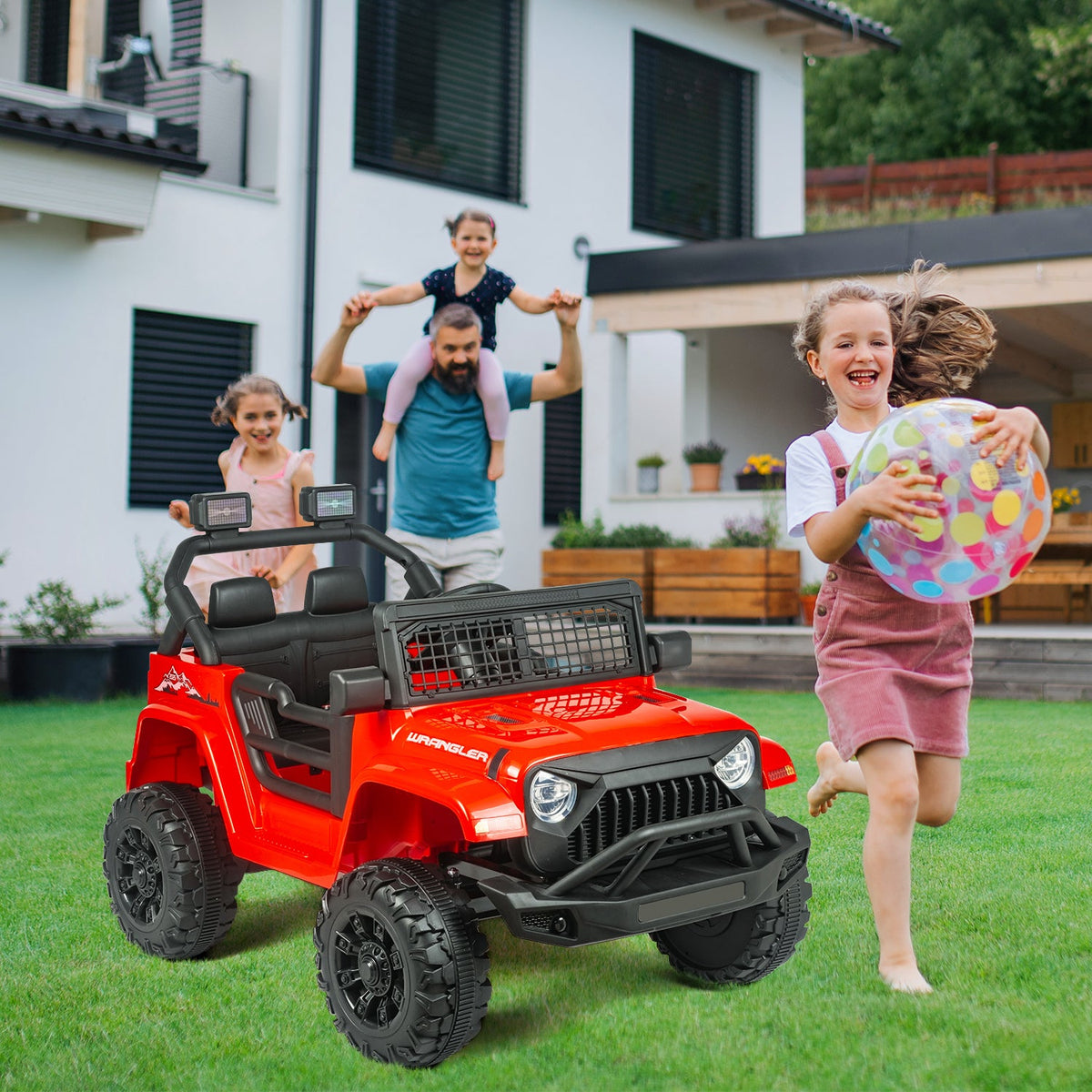 EROMMY 12V Kids Electric Ride On Truck with Remote Control, Safety Belt, Music, Lights and Suspension, Red