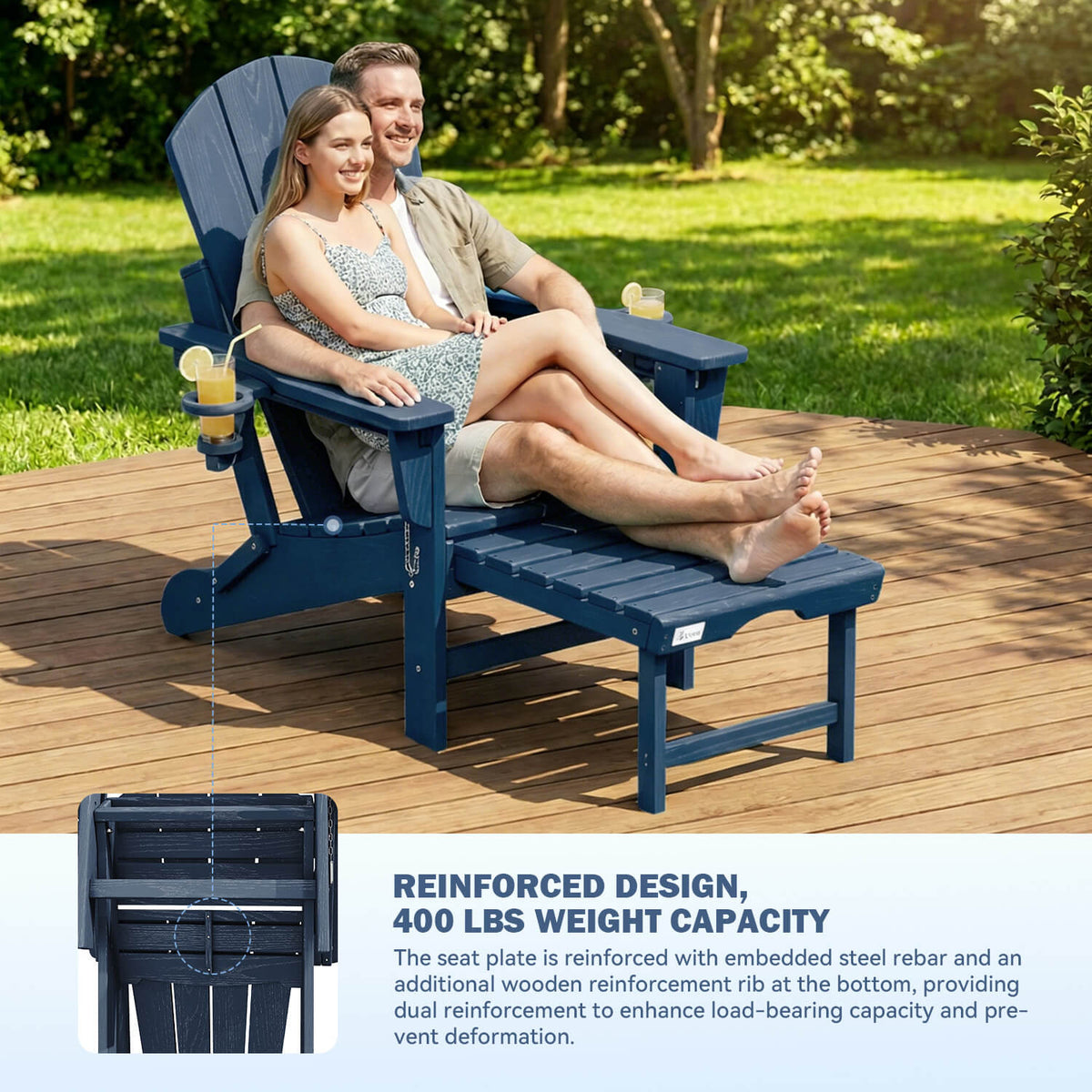 EROMMY 3-Level  Adjustable Adirondack Chair with Retractable Ottoman, Folding HDPE Outdoor Chair with Cup Holders, Navy Blue