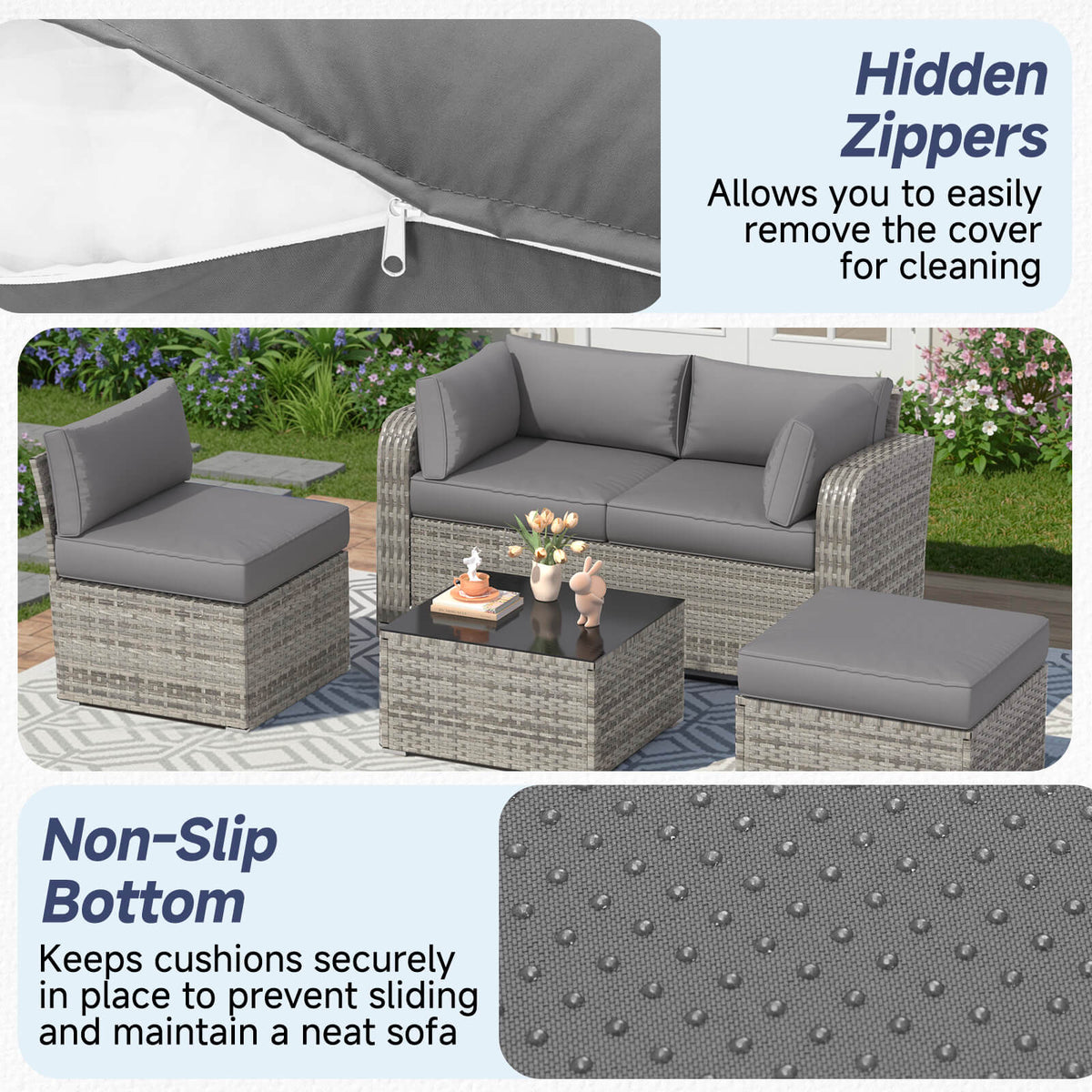 EROMMY 9-Piece Outdoor Sectional Cushions for 4-Seat Sofa, Waterproof Deep Seat w/ Non-Slip & Machine Washable Covers, Gray
