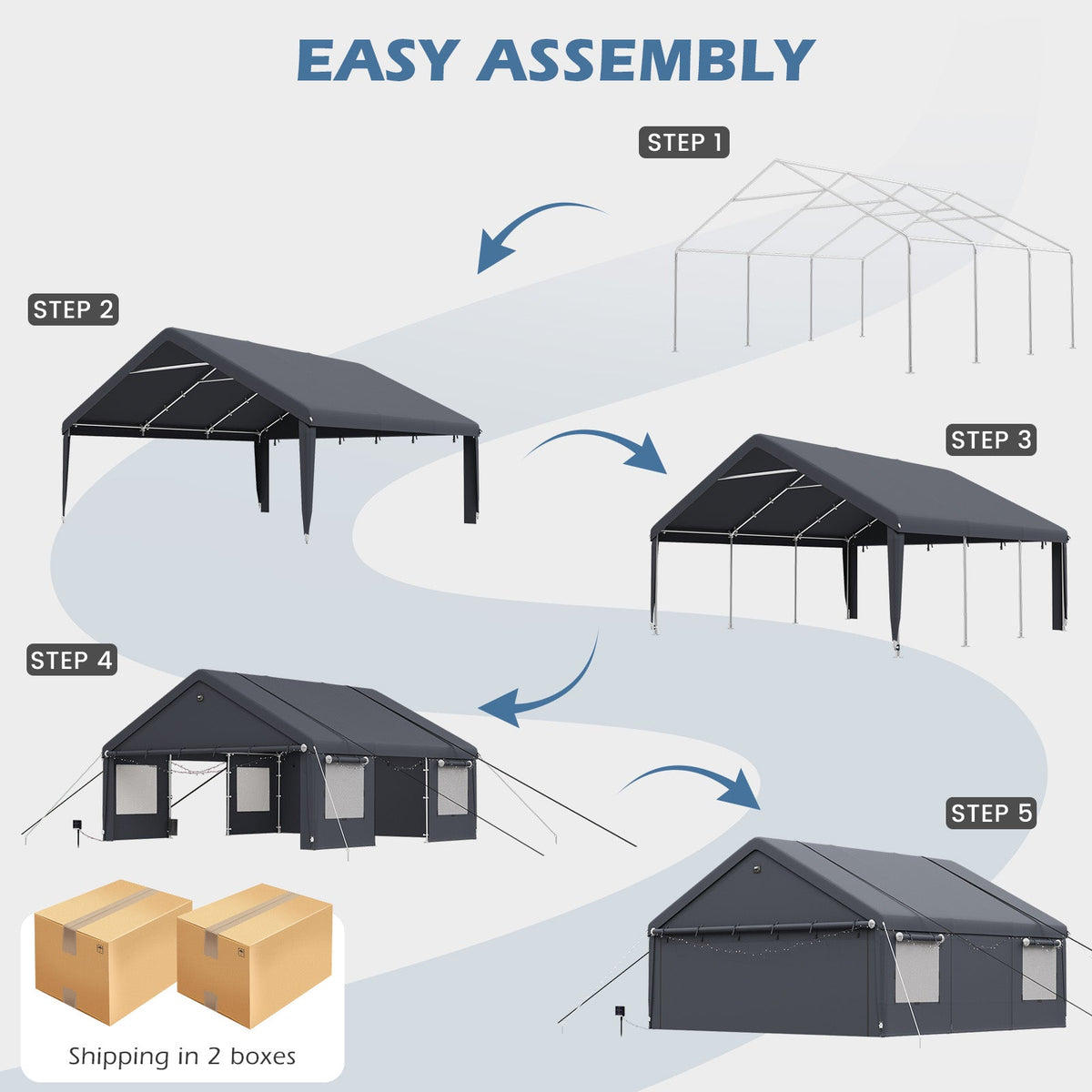 EROMMY 20x20 FT Heavy Duty Durable Carport, Galvanized Steel Frame Garage Shelter and Outdoor Storage, Waterproof 3-Layer PE Cover, Fits 2 Cars, Boat, Farm Equipment, Dark Gray