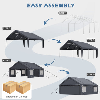 EROMMY 20x20 FT Heavy Duty Durable Carport, Galvanized Steel Frame Garage Shelter and Outdoor Storage, Waterproof 3-Layer PE Cover, Fits 2 Cars, Boat, Farm Equipment, Dark Gray