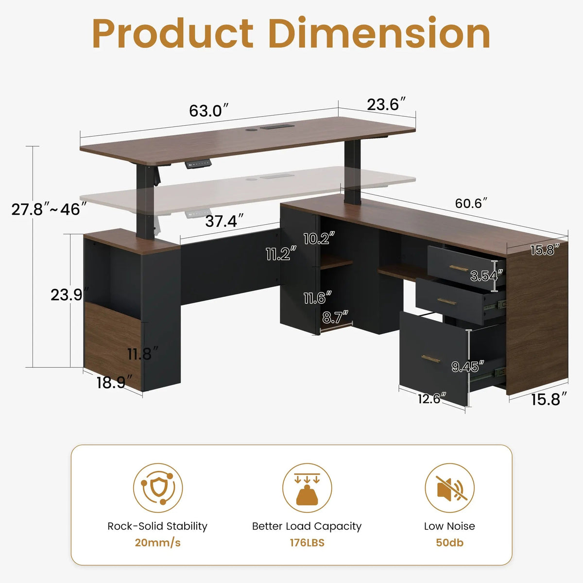 EROMMY 63" L Shaped Electric Standing Desk with Storage, Executive Adjustable Height with Power Outlets and Privacy Panel, Walnut Black