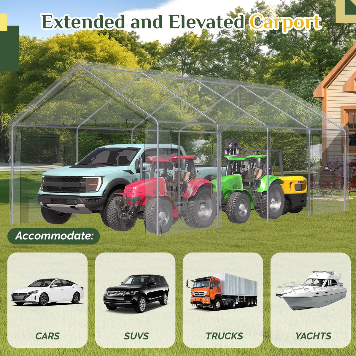 EROMMY 12' x 24' Heavy Duty Carport，Portable Garage with UV Protection & Steel Frame, Car Port with Removable Sidewalls, All-Season Car Canopy for Tractor, Truck, Boat, Yellow