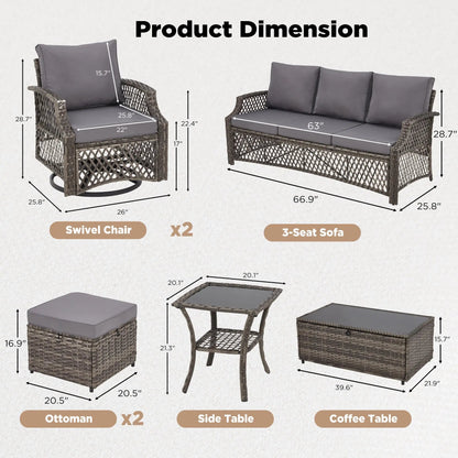 EROMMY 3 Piece Patio Furniture Set, Outdoor Wicker Ottoman & Coffee Table Set, 2 Cushioned Footrests with 1 Patio Side Table, Gray
