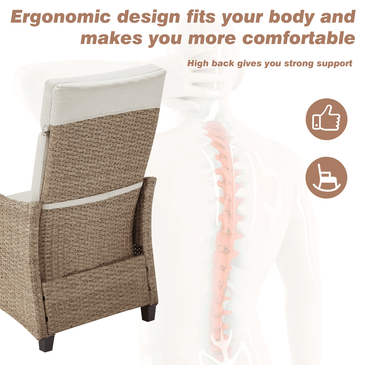 EROMMY Outdoor Wicker Recliner Chair with Footrest, Patio Rattan Armchair, Light Gray